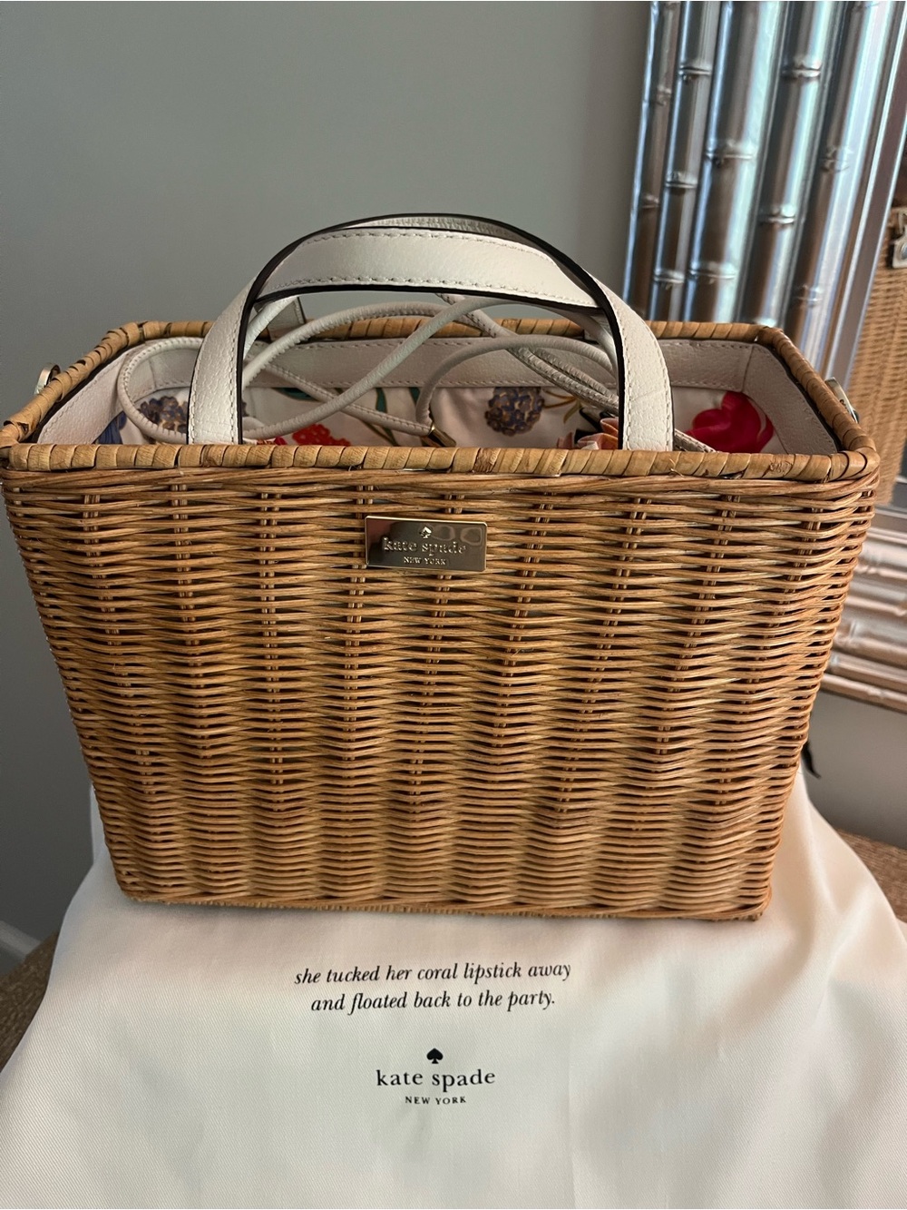 kate spade Natural Wicker Tote with White Trim with attached draw string bag!